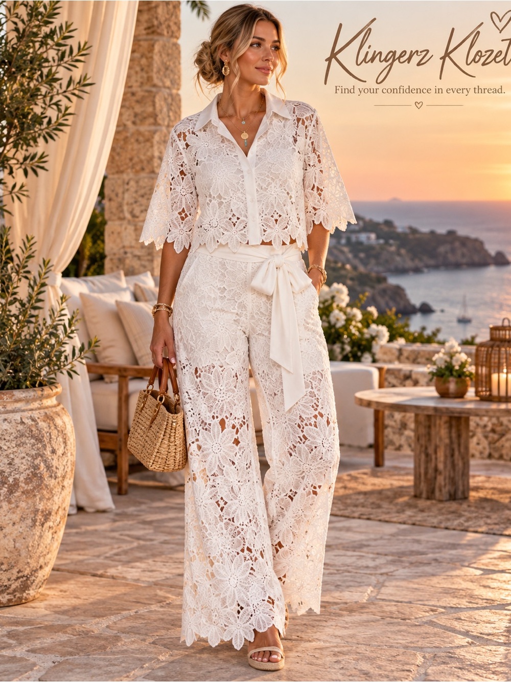 NWOT White Floral Lace Pantsuit Set • Boho Bridal Resort Wide Leg Sash